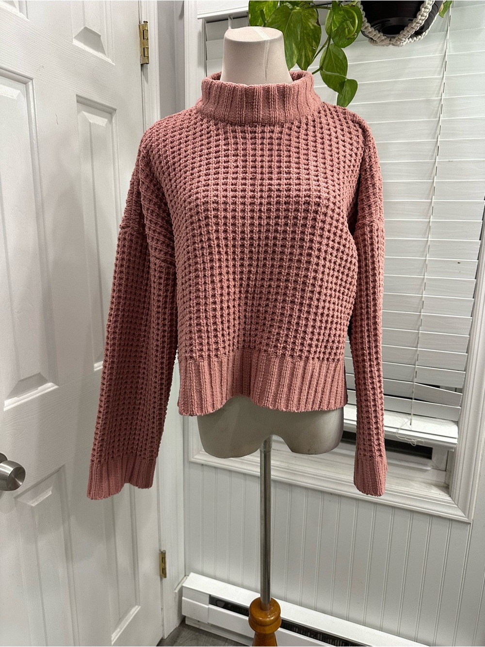 Altar'd State Waffle-Knit Mock Neck Sweater - Rose